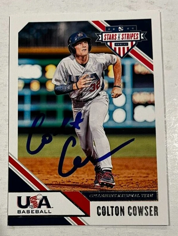 COLTON COWSER SIGNED 2020 PANINI USA BASEBALL STARS & STRIPES ROOKIE CARD AUTO
