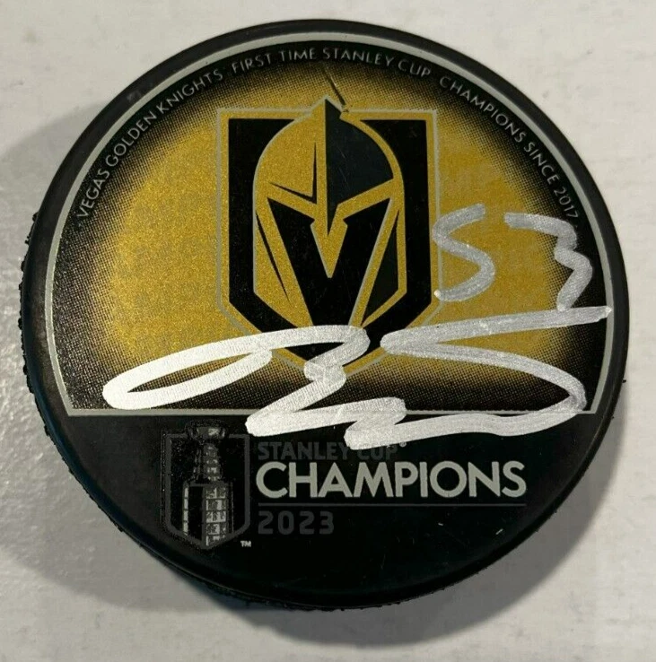 TEDDY BLUEGER SIGNED VEGAS GOLDEN KNIGHTS 2023 STANLEY CUP PUCK W/ CASE COA