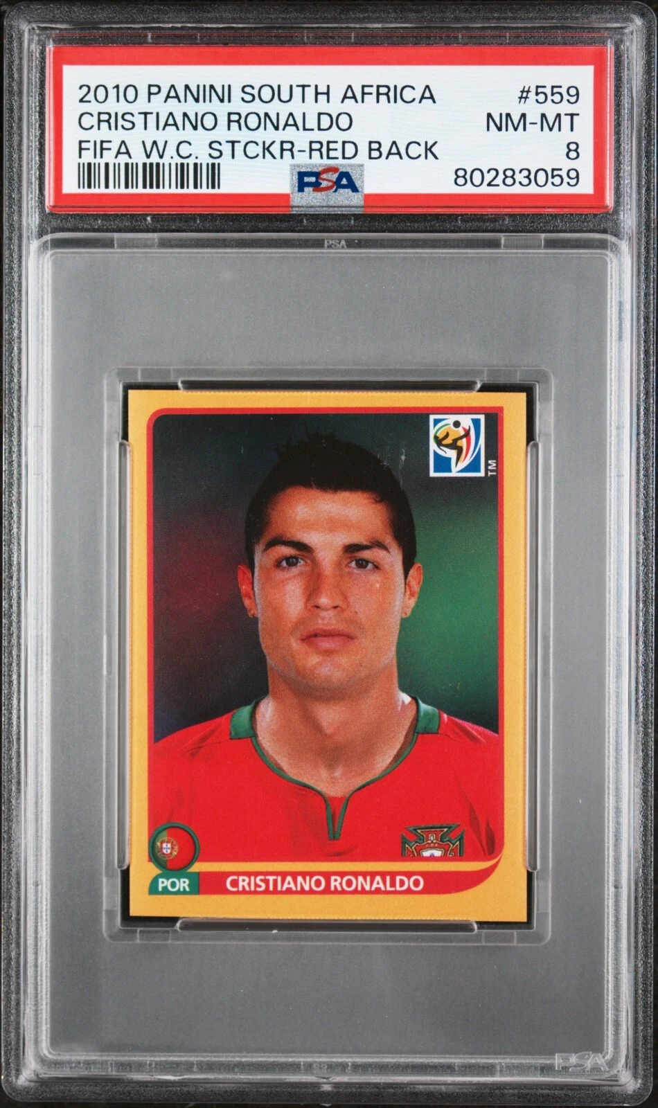 2010 PANINI WORLD CUP STICKER 559 CRISTIANO RONALDO RED BACK GOLD PSA 8