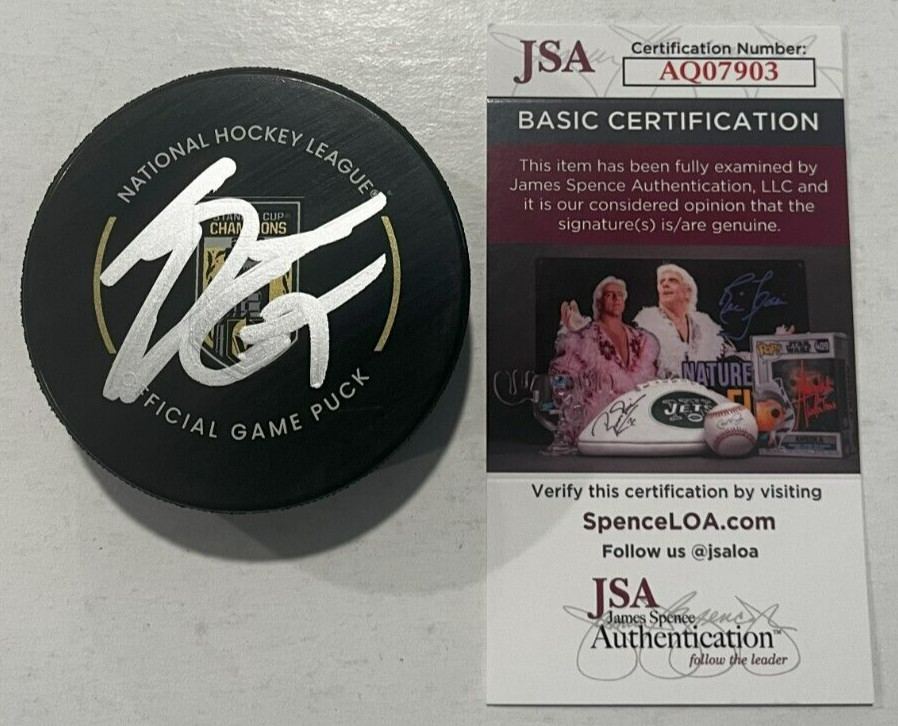 MARK STONE SIGNED VEGAS GOLDEN KNIGHTS STANLEY CUP BANNER GAME PUCK W/ CASE JSA
