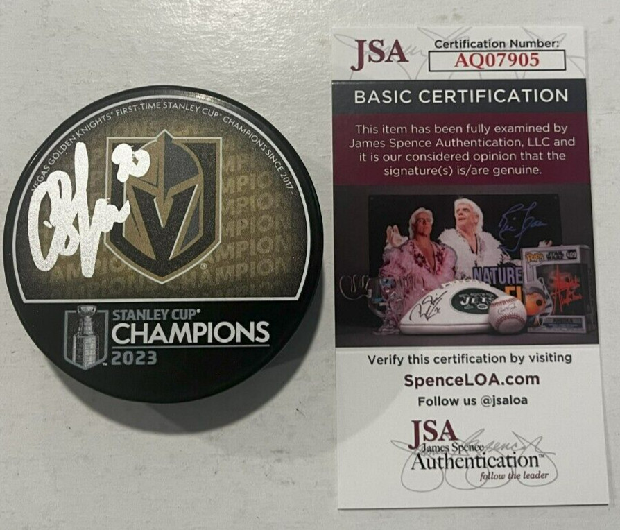 CHANDLER STEPHENSON SIGNED VEGAS GOLDEN KNIGHTS 2023 STANLEY CUP PUCK W CASE JSA