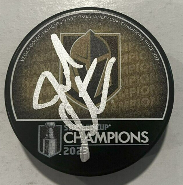 JOHN STEVENS SIGNED 2023 VEGAS GOLDEN KNIGHTS STANLEY CUP PUCK W/ CASE COA