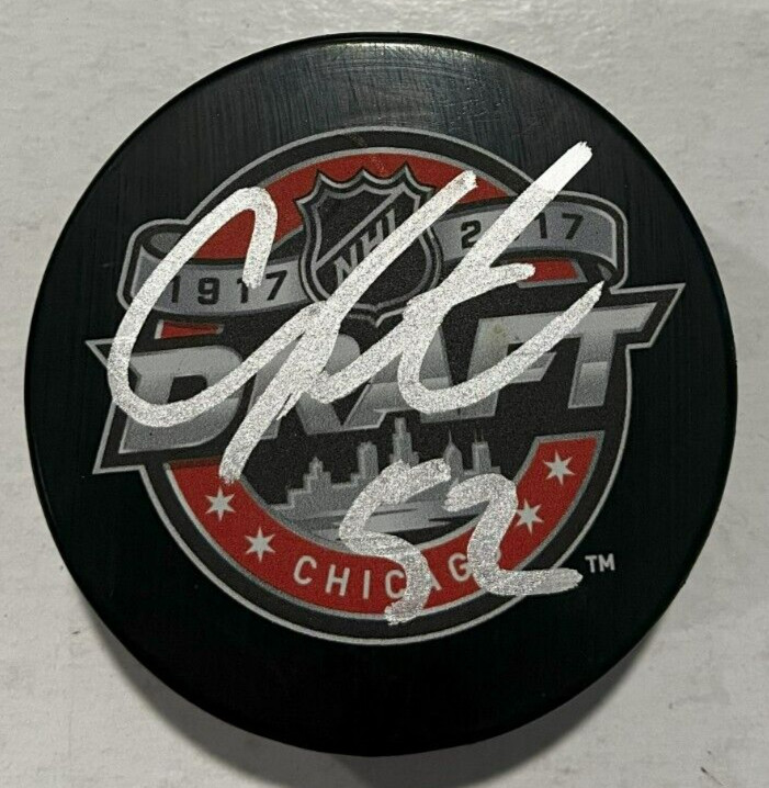 CAL FOOTE SIGNED 2017 NHL DRAFT HOCKEY PUCK W/ CASE LIGHTNING DEVILS COA