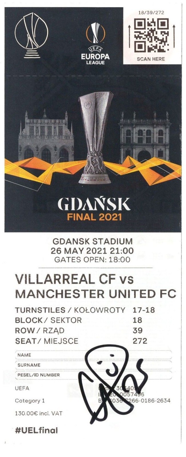 2021 ETIENNE CAPOUE SIGNED VILLARREAL CF VS MANCHESTER UNITED TICKET PSA/DNA COLLECTIBLE MEMORABILIA