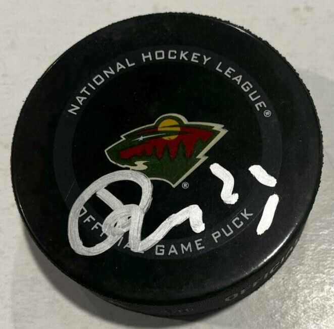 MARCO ROSSI SIGNED MINNESOTA WILD OFFICIAL GAME HOCKEY PUCK W/ CASE COA