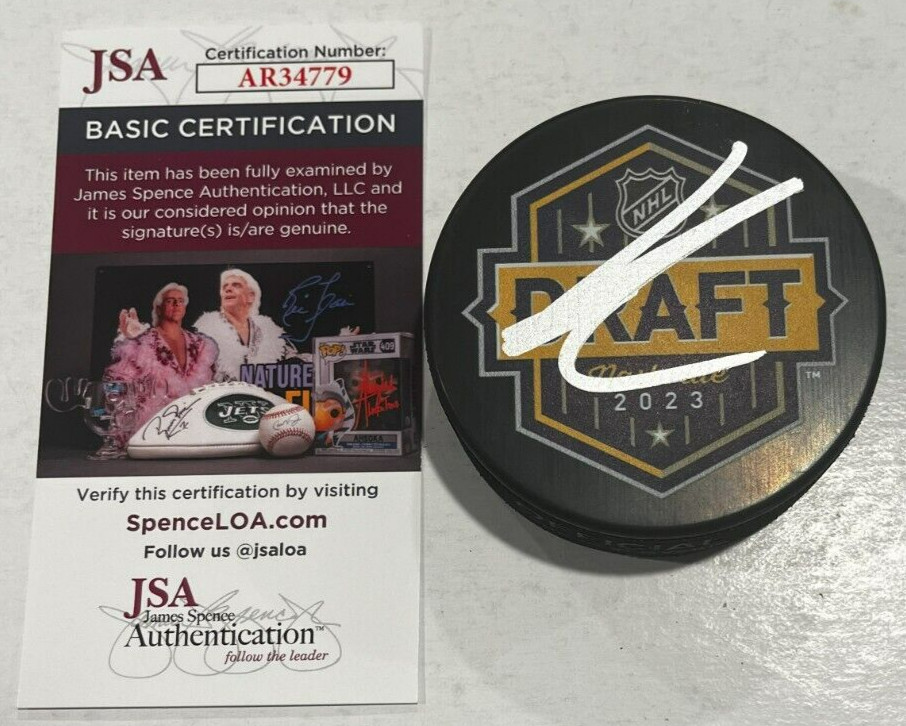 LEO CARLSSON SIGNED ANAHEIM DUCKS 2023 NHL DRAFT HOCKEY PUCK W/ CASE JSA COA