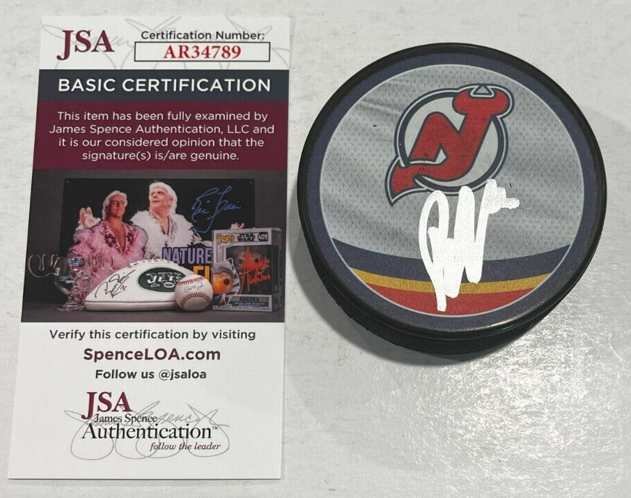 JESPER BRATT SIGNED NEW JERSEY DEVILS HOCKEY PUCK W/ CASE JSA COA