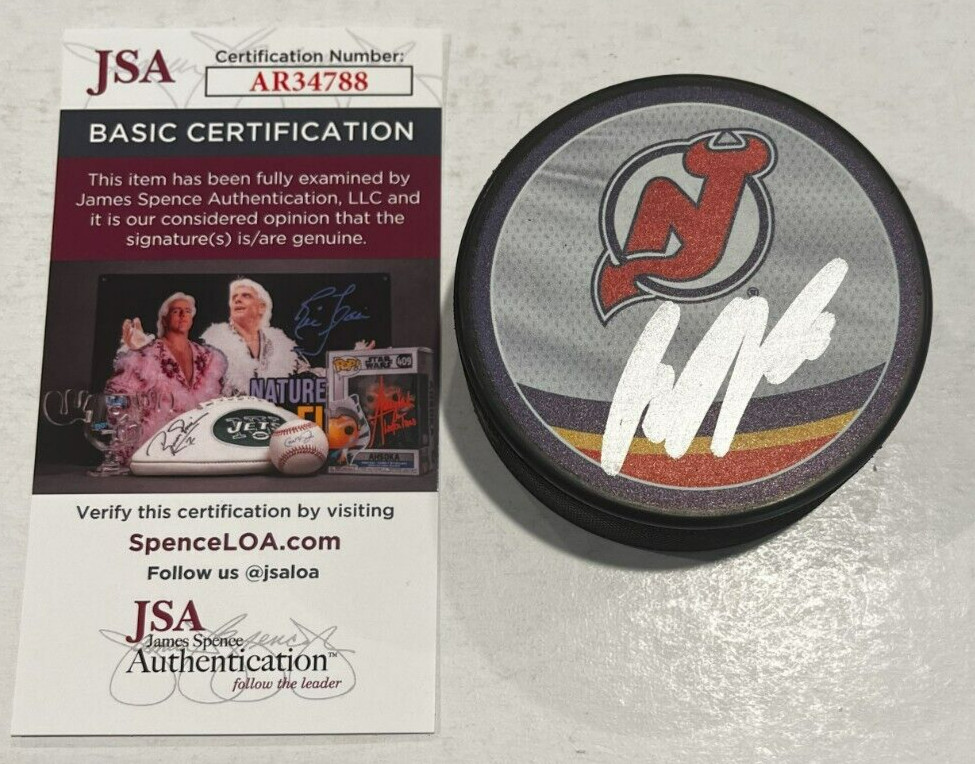 JESPER BRATT SIGNED NEW JERSEY DEVILS HOCKEY PUCK W/ CASE JSA COA