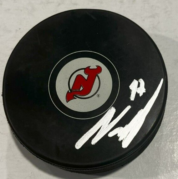 SIMON NEMEC SIGNED NEW JERSEY DEVILS HOCKEY PUCK W/ CASE COA