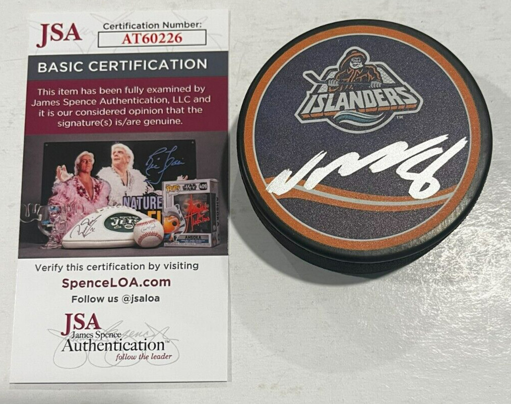 NOAH DOBSON SIGNED NEW YORK ISLANDERS HOCKEY PUCK W/ CASE JSA COA