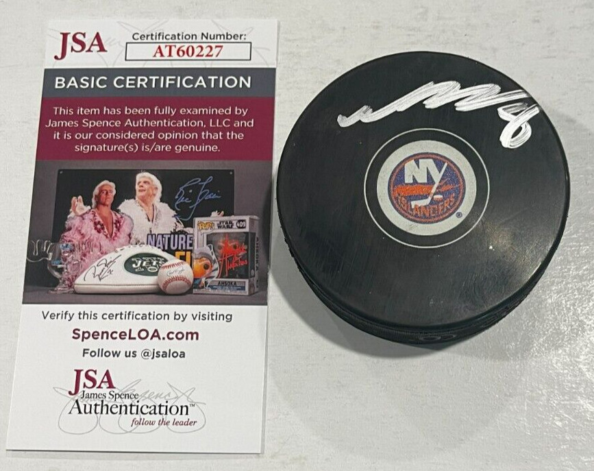 NOAH DOBSON SIGNED NEW YORK ISLANDERS HOCKEY PUCK W/ CASE JSA COA