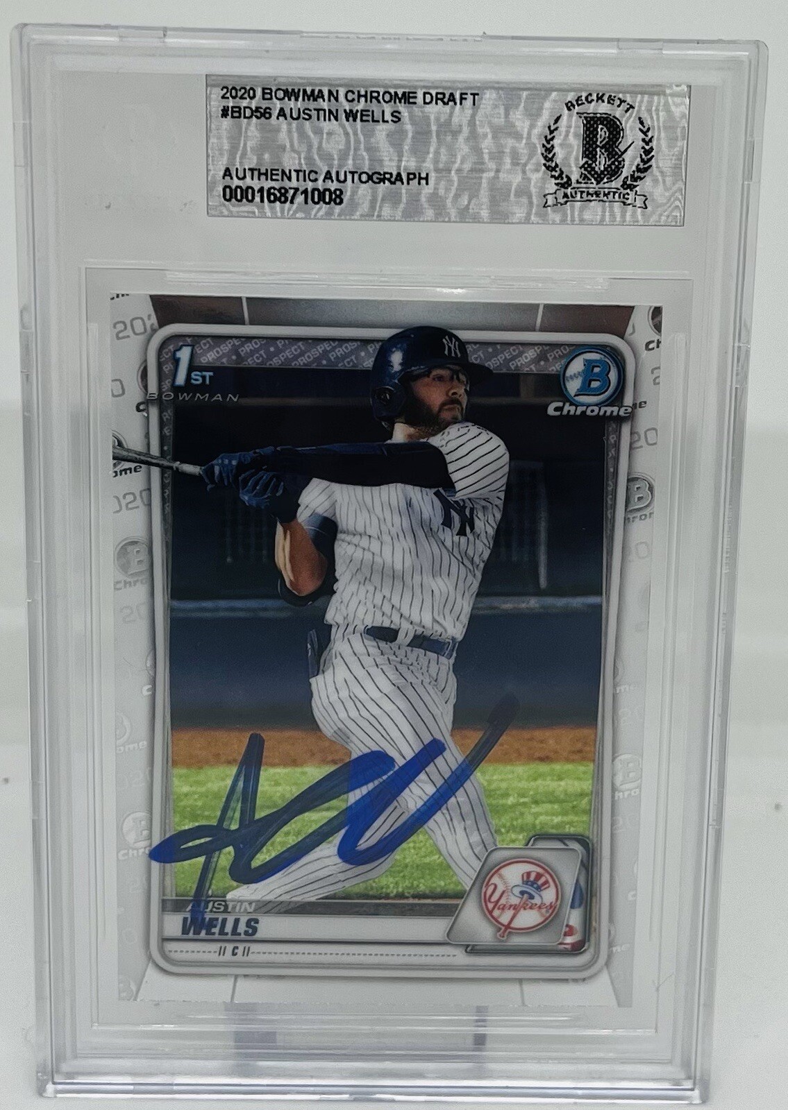 AUSTIN WELLS SIGNED 2020 BOWMAN CHROME DRAFT BASEBALL CARD BECKETT BAS AUTO