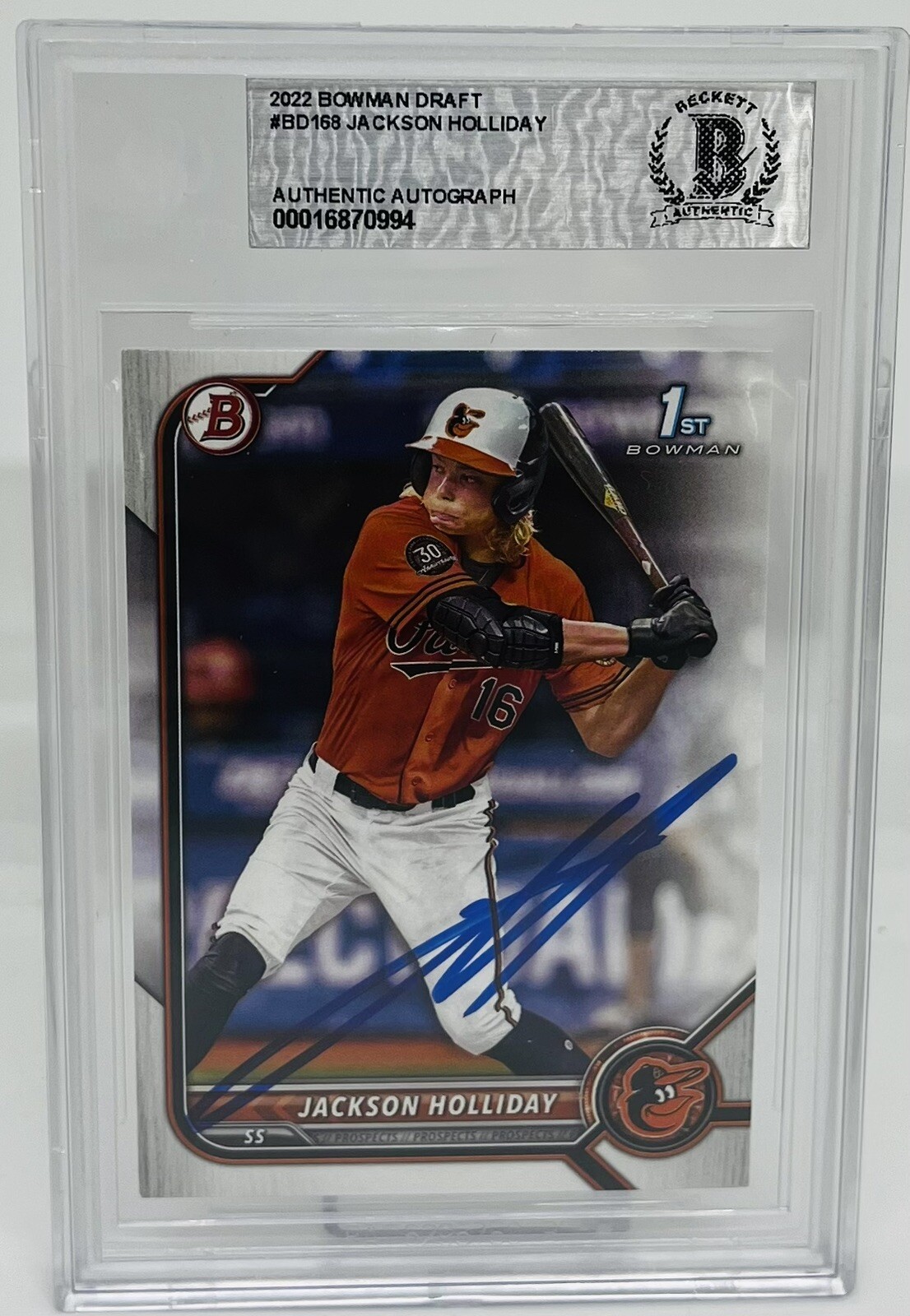 JACKSON HOLLIDAY SIGNED 2022 BOWMAN DRAFT BASEBALL ROOKIE CARD BECKETT BAS AUTO