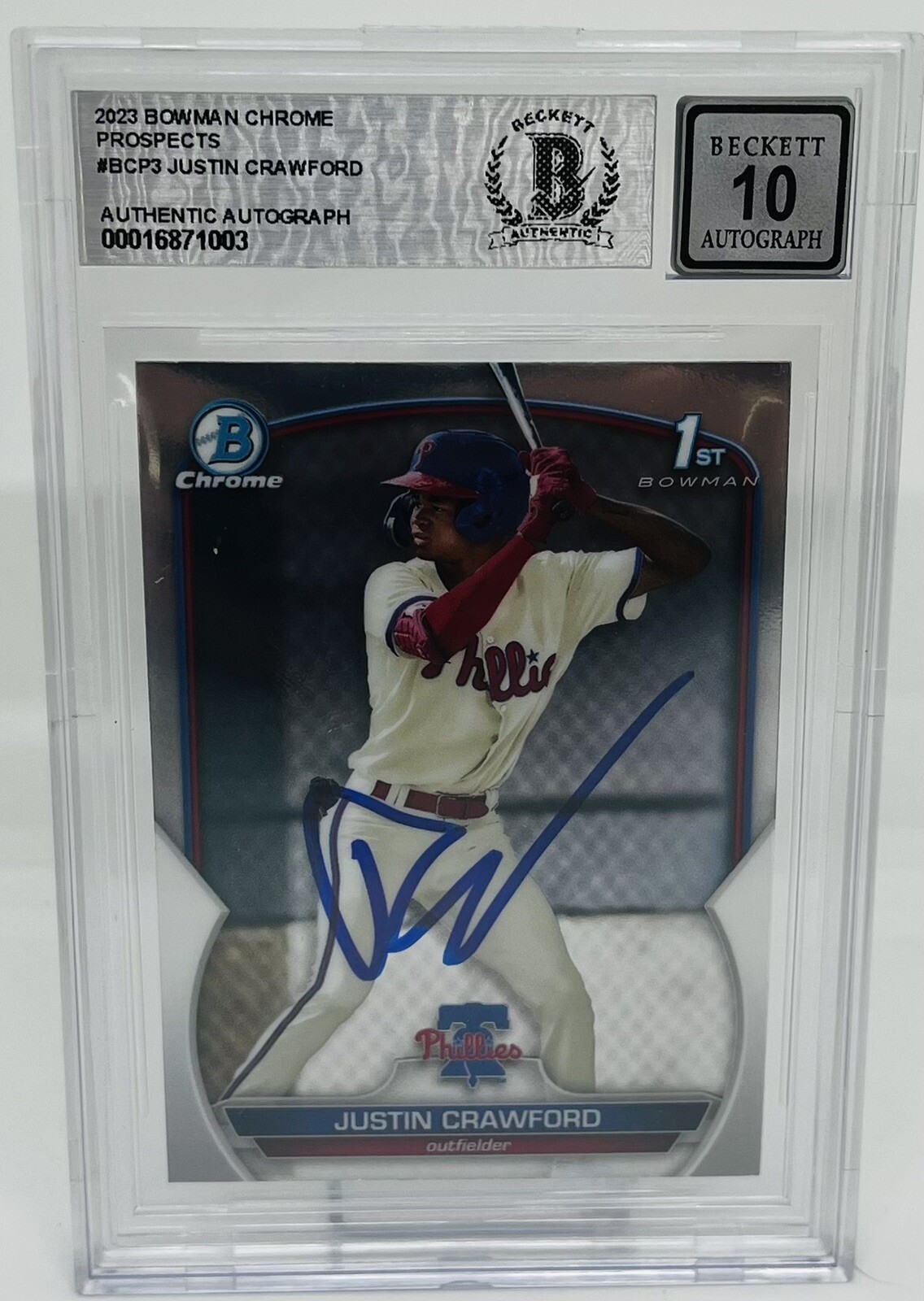 JUSTIN CRAWFORD SIGNED 2023 BOWMAN CHROME BASEBALL CARD BECKETT BAS 10 AUTO