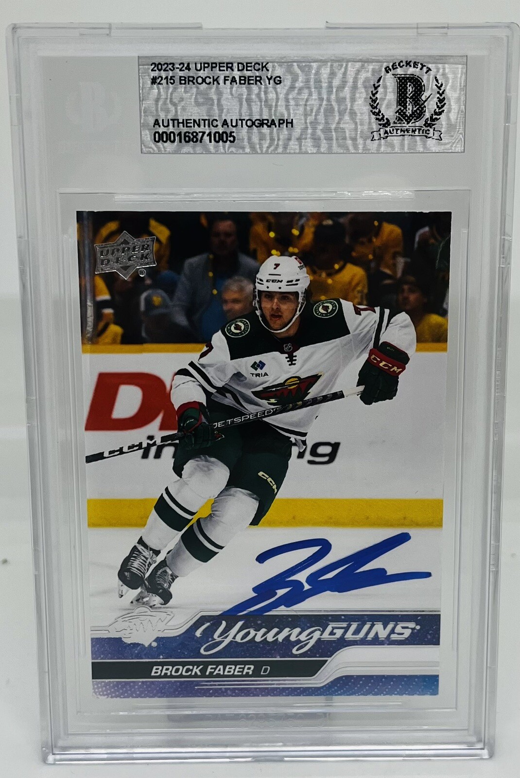 BROCK FABER SIGNED 2023-24 UPPER DECK YOUNG GUNS ROOKIE CARD BECKETT BAS AUTO