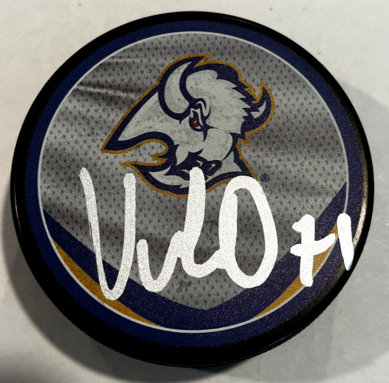 VICTOR OLOFSSON SIGNED AUTOGRAPHED BUFFALO SABRES HOCKEY PUCK W/ CASE COA