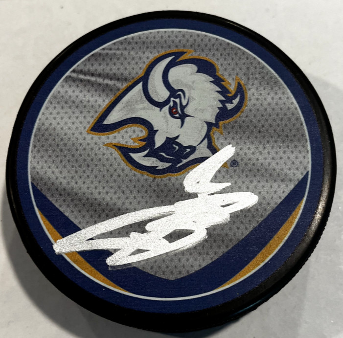 BOWEN BYRAM SIGNED AUTOGRAPHED BUFFALO SABRES HOCKEY PUCK W/ CASE COA