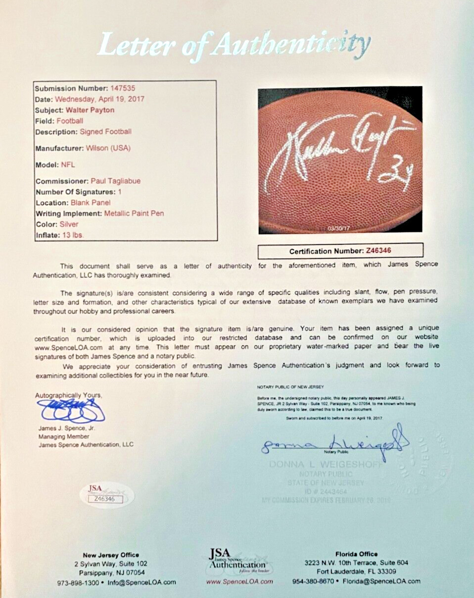 Walter Payton Signed Leather NFL Football JSA Steiner