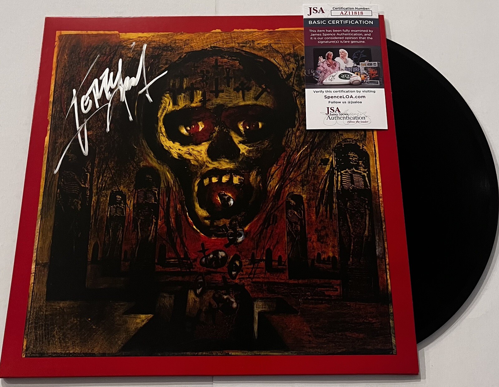 SLAYER BAND KERRY KING SIGNED SEASONS IN THE ABYSS LP VINYL RECORD JSA COA