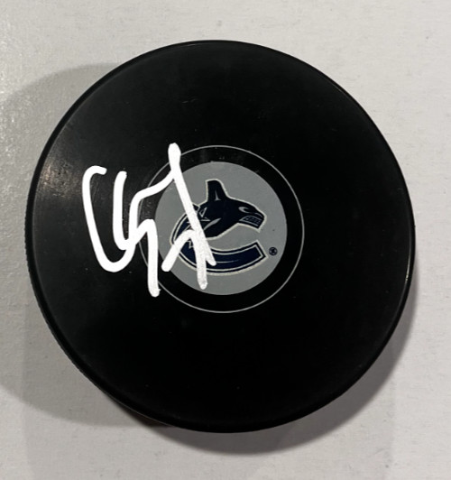 CARSON SOUCY SIGNED VANCOUVER CANUCKS HOCKEY PUCK W/ CASE COA