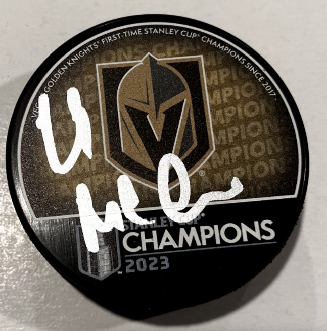 KELLY MCCRIMMON SIGNED VEGAS GOLDEN KNIGHTS 2023 STANLEY CUP PUCK W/ CASE COA