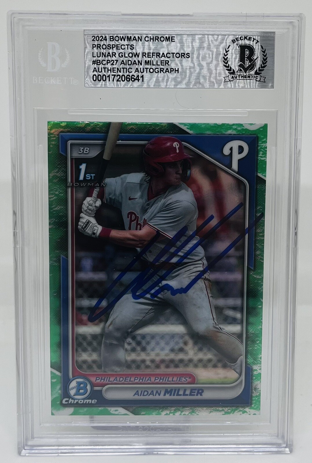 AIDAN MILLER SIGNED 2024 BOWMAN CHROME LUNAR GLOW BASEBALL CARD BECKETT BAS AUTO