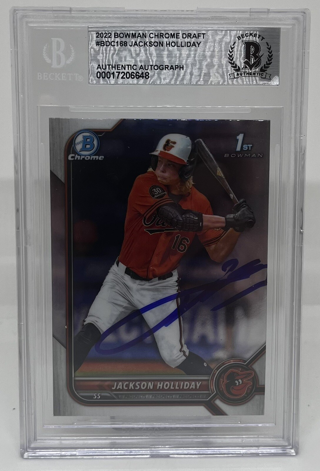 JACKSON HOLLIDAY SIGNED 2022 BOWMAN CHROME DRAFT BASEBALL CARD BECKETT BAS AUTO