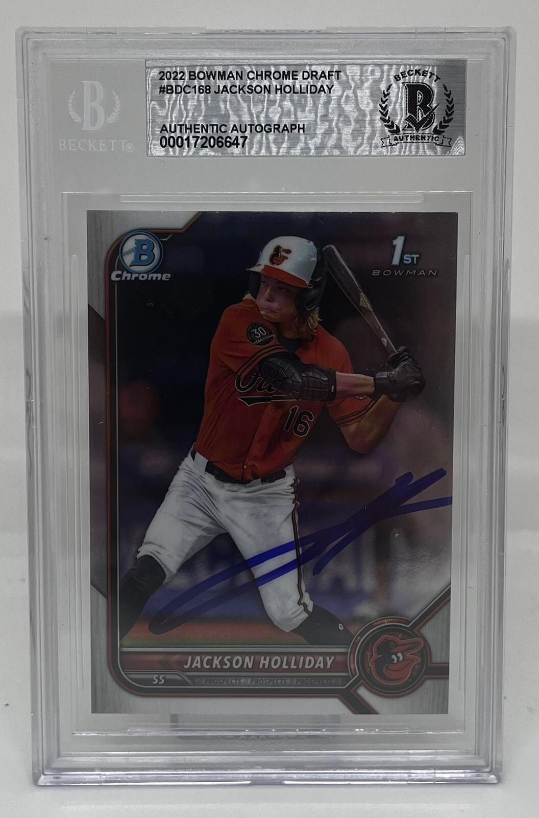 JACKSON HOLLIDAY SIGNED 2022 BOWMAN CHROME DRAFT BASEBALL CARD BECKETT BAS AUTO