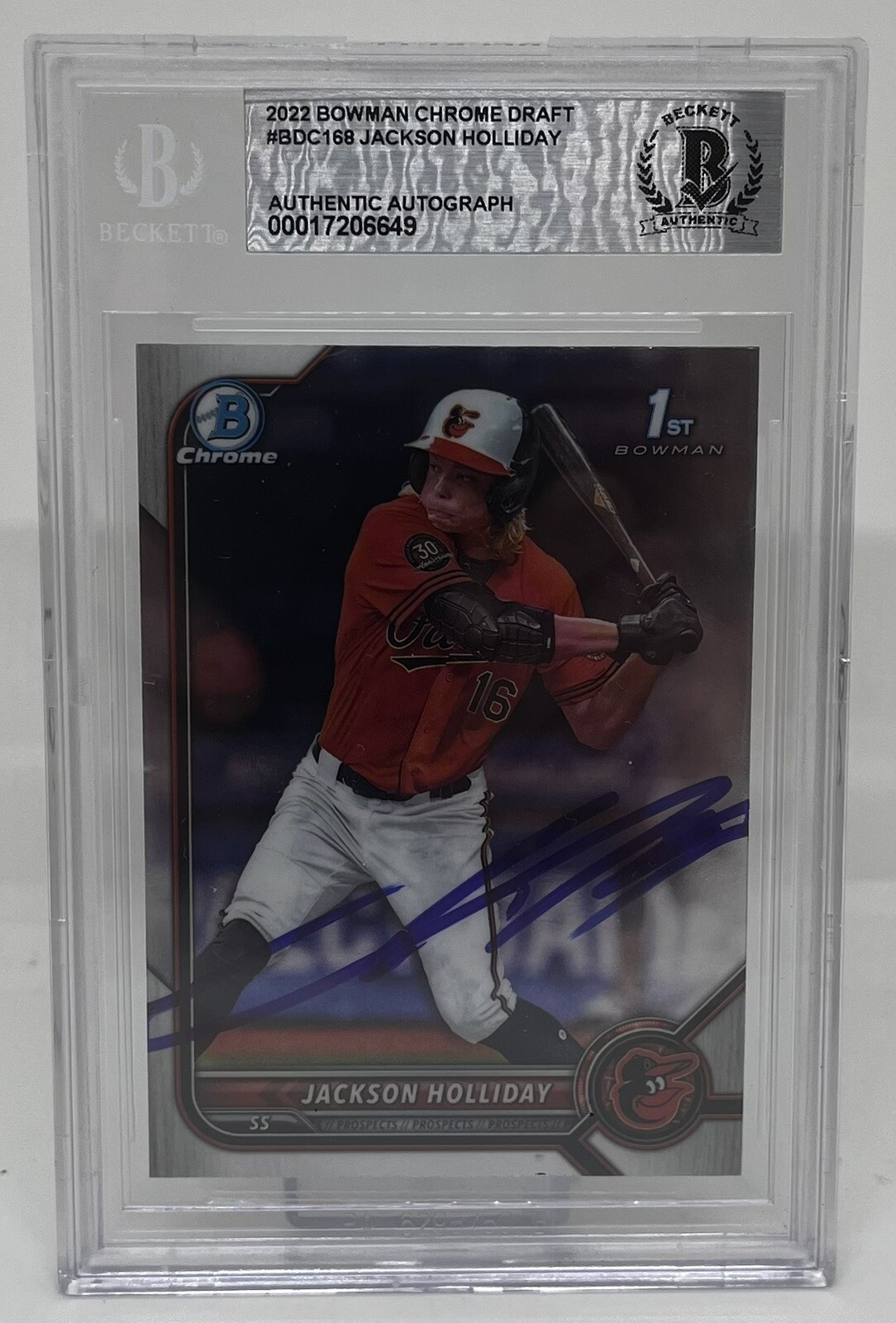 JACKSON HOLLIDAY SIGNED 2022 BOWMAN CHROME DRAFT BASEBALL CARD BECKETT BAS AUTO