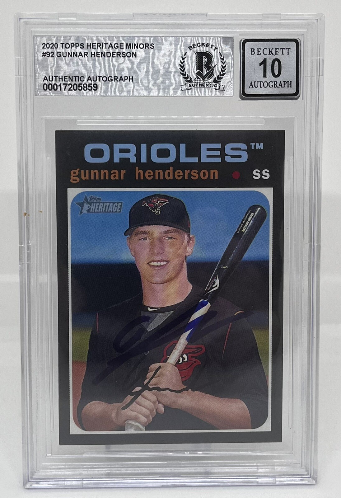 GUNNAR HENDERSON SIGNED 2020 TOPPS HERITAGE ROOKIE CARD BECKETT BAS 10 AUTO