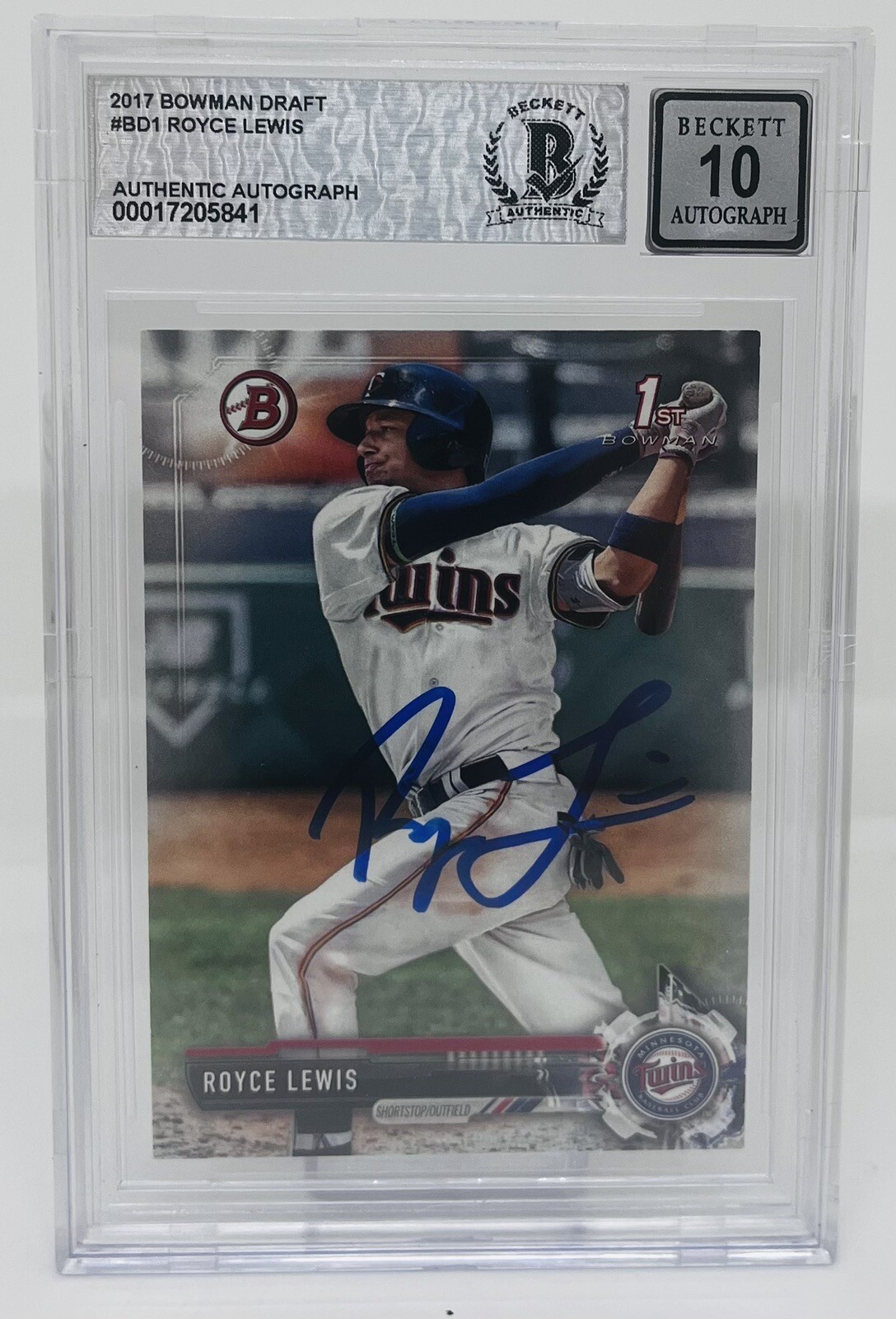 ROYCE LEWIS SIGNED 2017 BOWMAN DRAFT BASEBALL ROOKIE CARD BECKETT BAS 10 AUTO