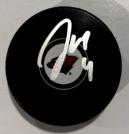 JON MERRILL SIGNED MINNESOTA WILD HOCKEY PUCK W/ CASE COA