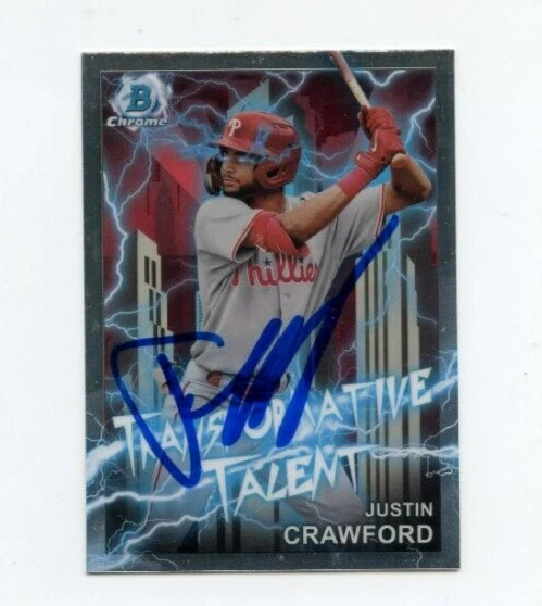 JUSTIN CRAWFORD SIGNED 2023 BOWMAN CHROME DRAFT TRANSFORMATIVE TALENT CARD AUTO