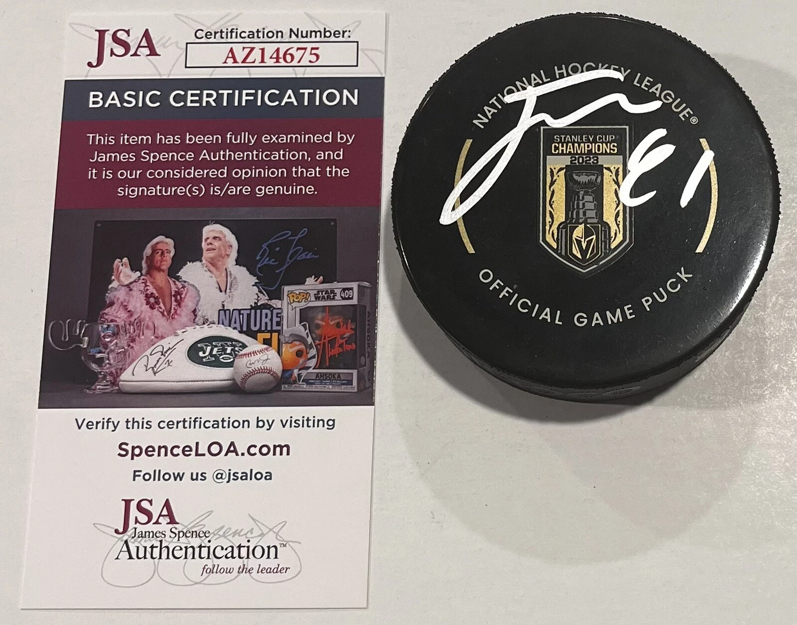 JONATHAN MARCHESSAULT SIGNED GOLDEN KNIGHTS STANLEY CUP BANNER PUCK W/ CASE JSA