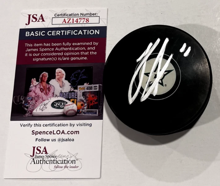 LOGAN STANKOVEN SIGNED DALLAS STARS RETRO HOCKEY PUCK W/ CASE JSA COA