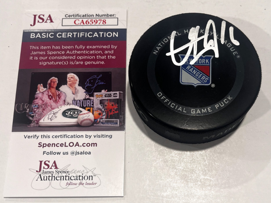 VINCENT TROCHECK SIGNED NEW YORK RANGERS GAME HOCKEY PUCK W/ CASE JSA COA