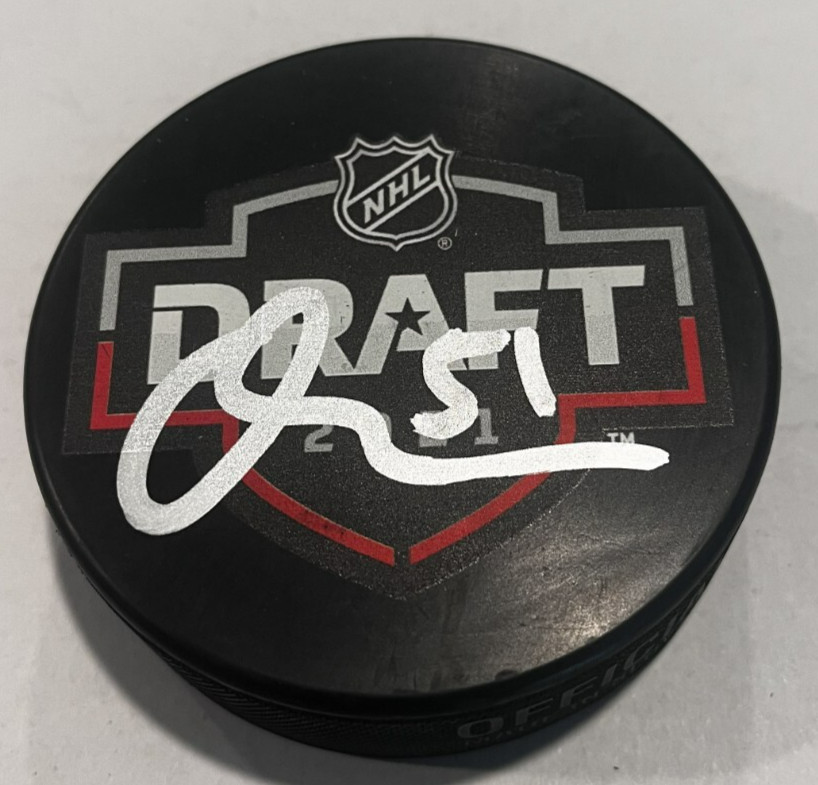 OLEN ZELLWEGER SIGNED 2021 NHL DRAFT HOCKEY PUCK W/ CASE ANAHEIM DUCKS COA