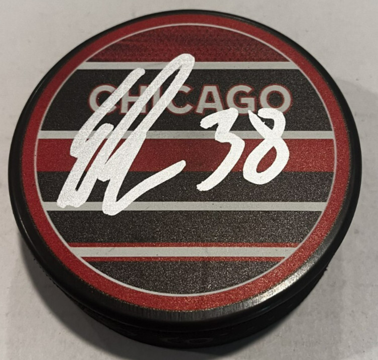 ETHAN DEL MASTRO SIGNED CHICAGO BLACKHAWKS HOCKEY PUCK W/ CASE COA