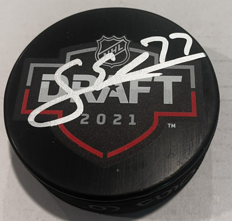 SIMON EDVINSSON SIGNED DETROIT RED WINGS 2021 NHL DRAFT HOCKEY PUCK W/ CASE COA