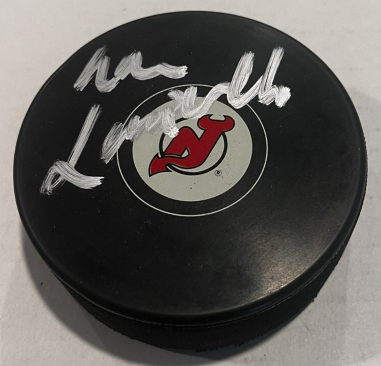 LOU LAMORIELLO SIGNED NEW JERSEY DEVILS HOCKEY PUCK W/ CASE COA