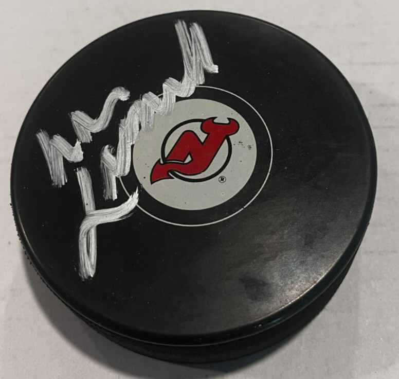 LOU LAMORIELLO SIGNED NEW JERSEY DEVILS HOCKEY PUCK W/ CASE COA