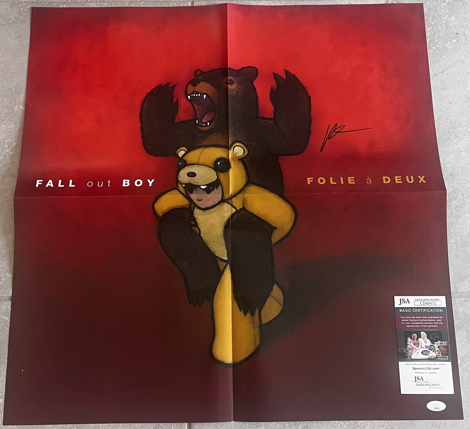PATRICK STUMP SIGNED FALL OUT BOY FOLIE A DEUX  VINYL INSERT POSTER JSA COA