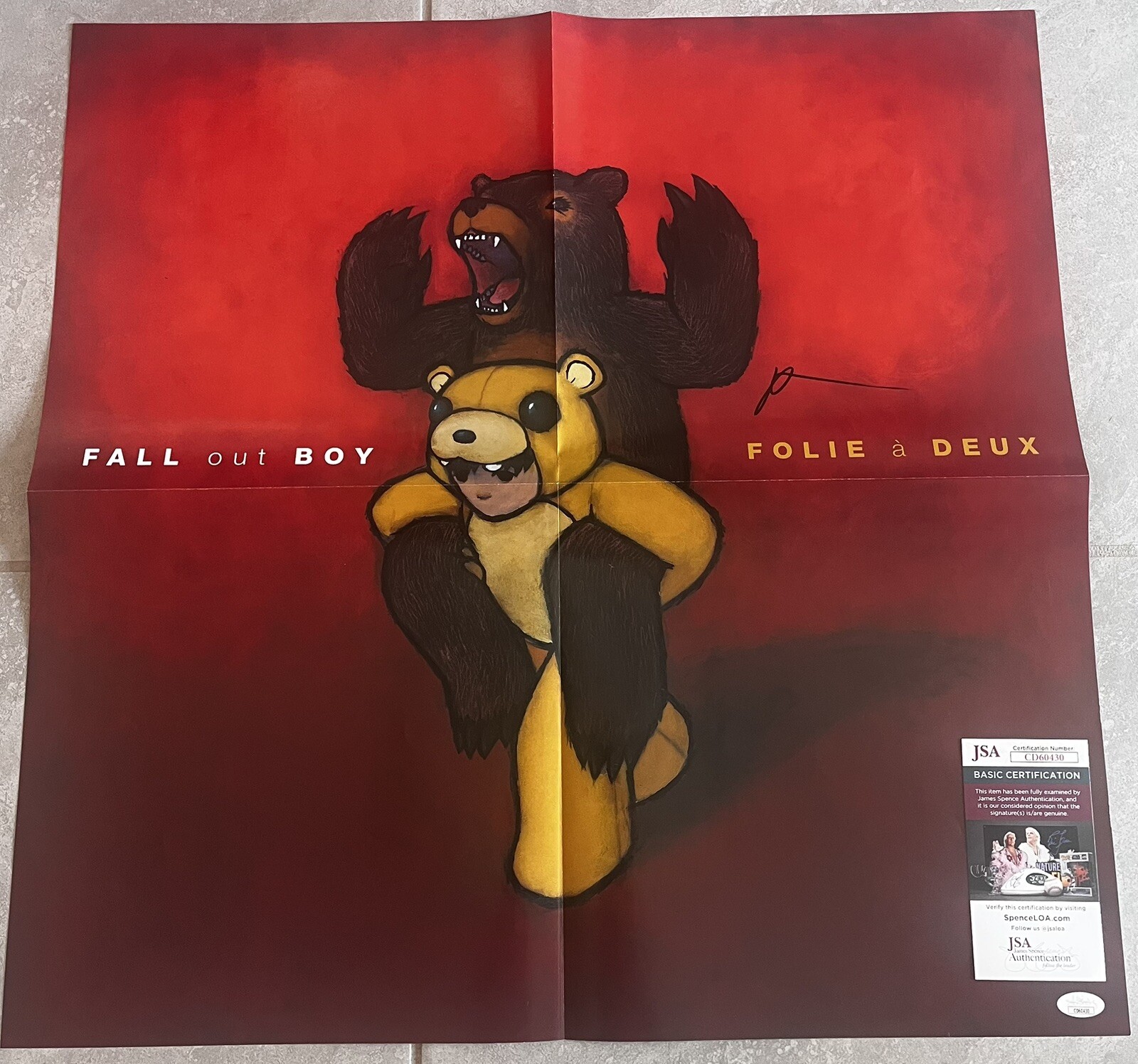 PATRICK STUMP SIGNED FALL OUT BOY FOLIE A DEUX  VINYL INSERT POSTER JSA COA