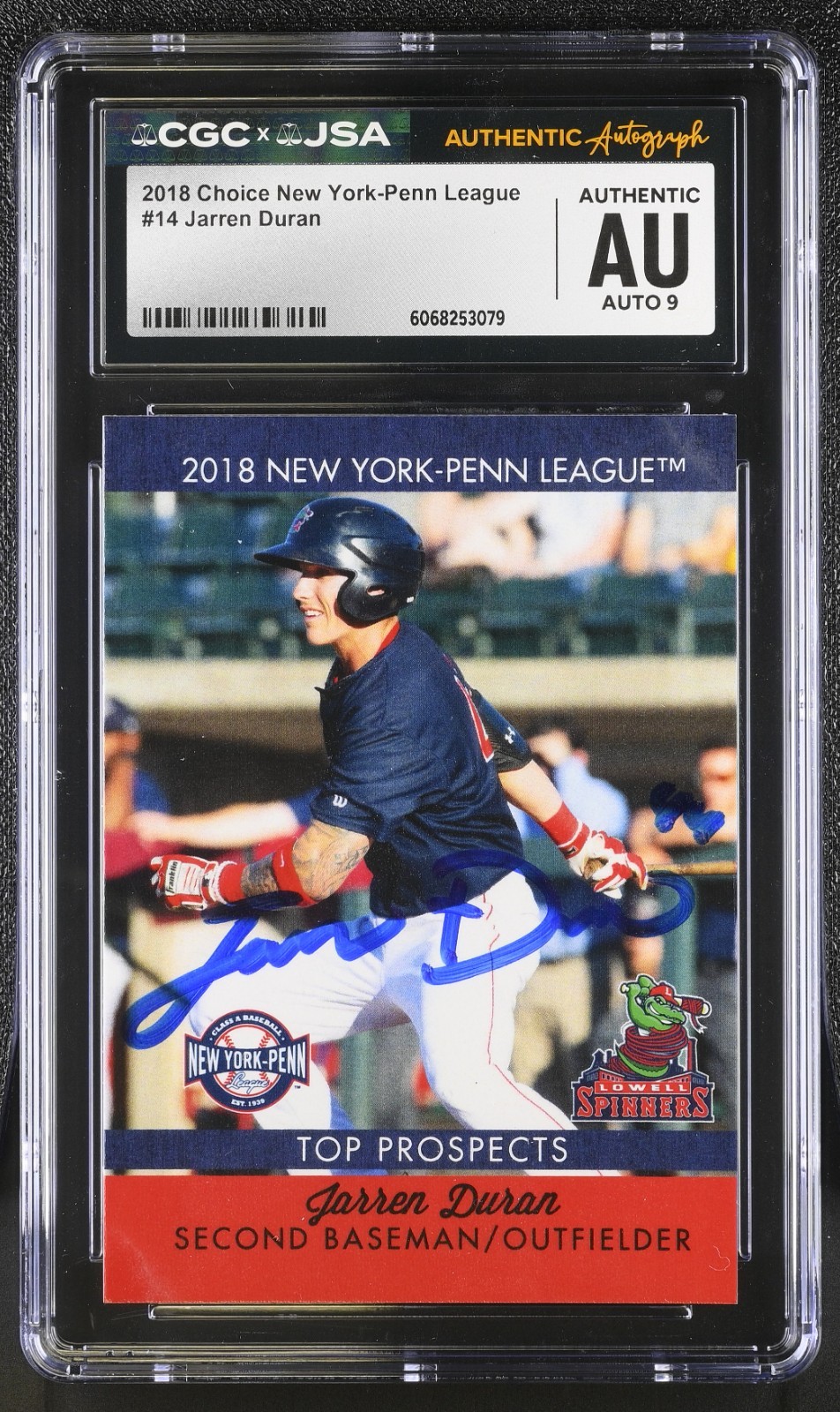 JARREN DURAN SIGNED 2018 CHOICE NEW YORK-PENN LEAGUE CARD #14 CGC AU JSA 9 AUTO