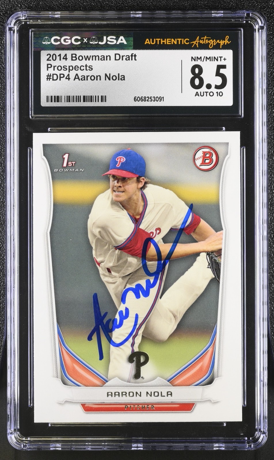 AARON NOLA SIGNED 2014 BOWMAN DRAFT PROPSECT ROOKIE CARD #DP4 CGC 8.5 JSA 10AUTO