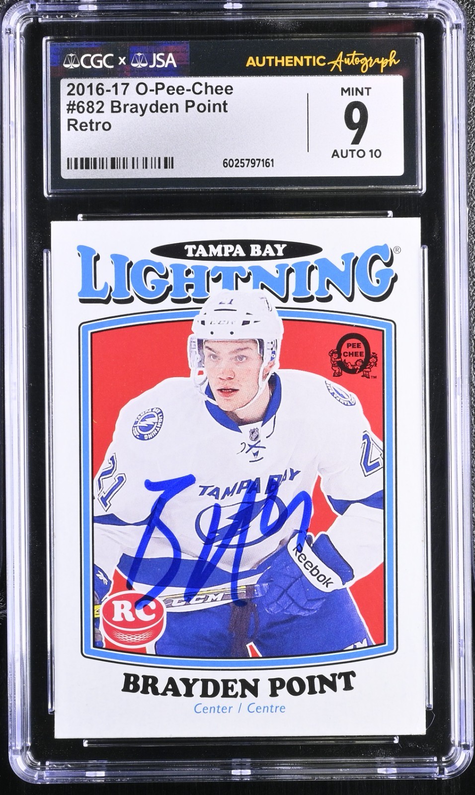 BRAYDEN POINT SIGNED 2016-17 O-PEE-CHEE RETRO ROOKIE CARD #682 CGC 9 JSA 10 AUTO