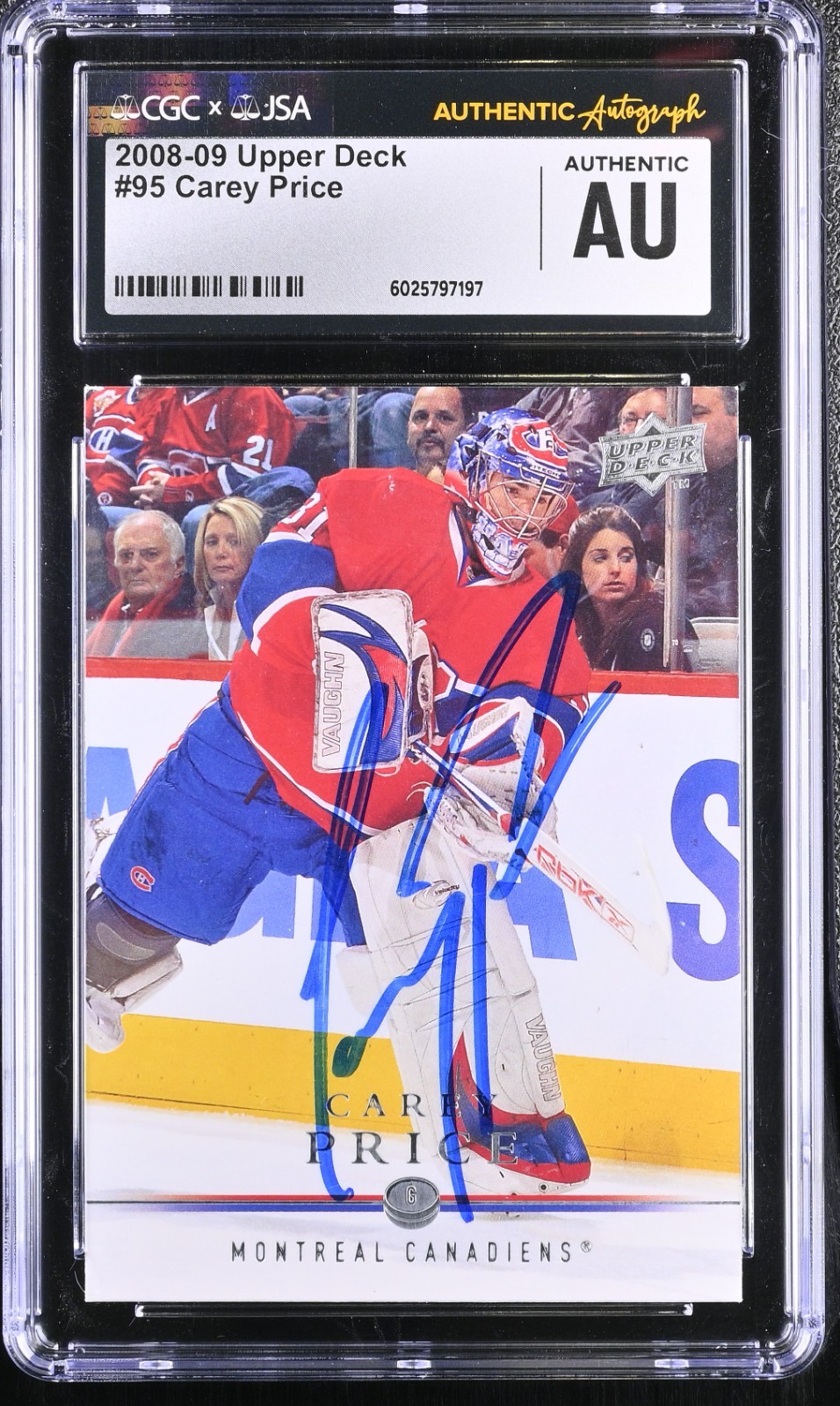 CAREY PRICE SIGNED 2008-09 UPPER DECK CARD #95 CANADIENS CGC AU JSA AUTO