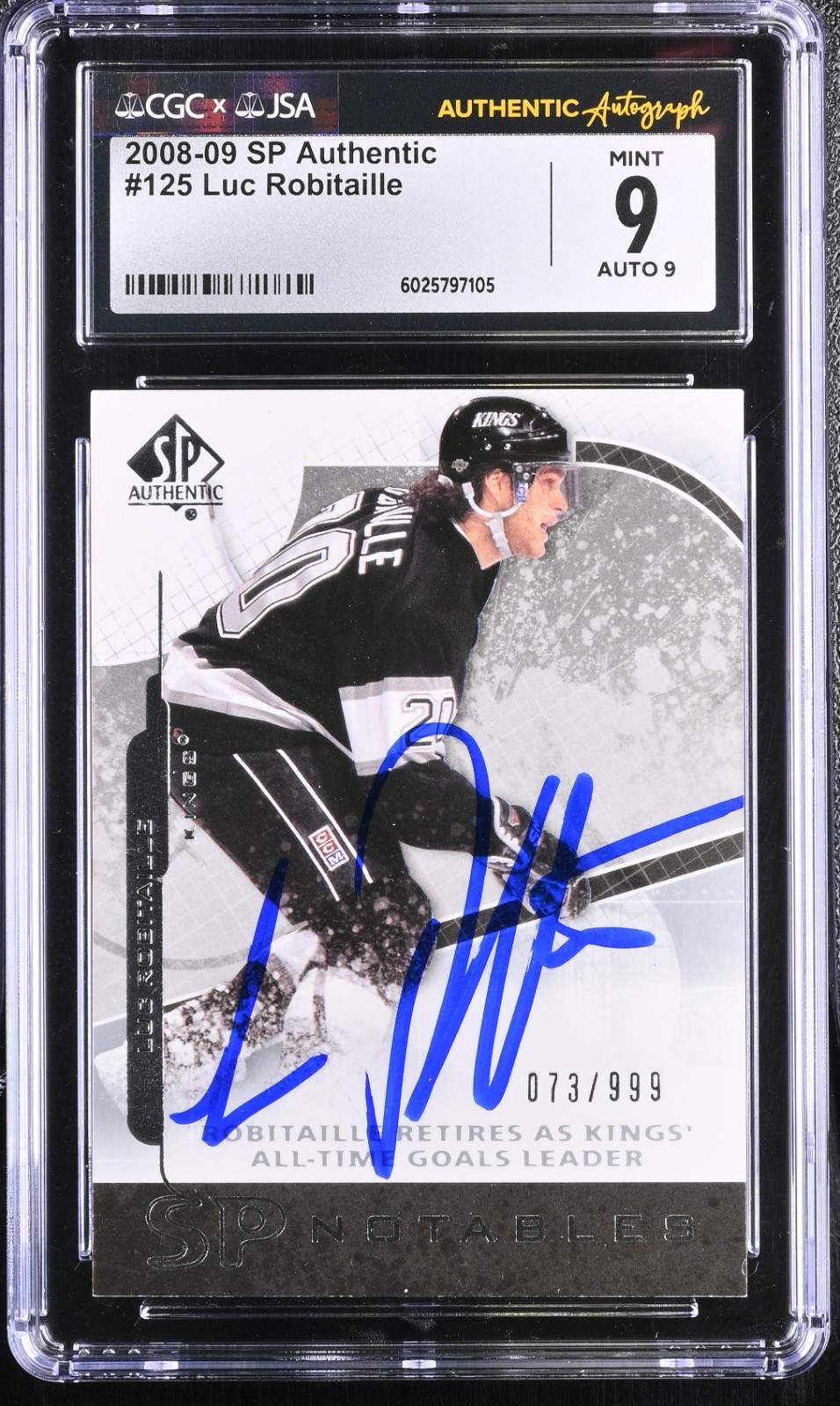 LUC ROBITAILLE SIGNED 2008-09 SP AUTHENTIC CARD #125 CGC 9 JSA 9 AUTO /999