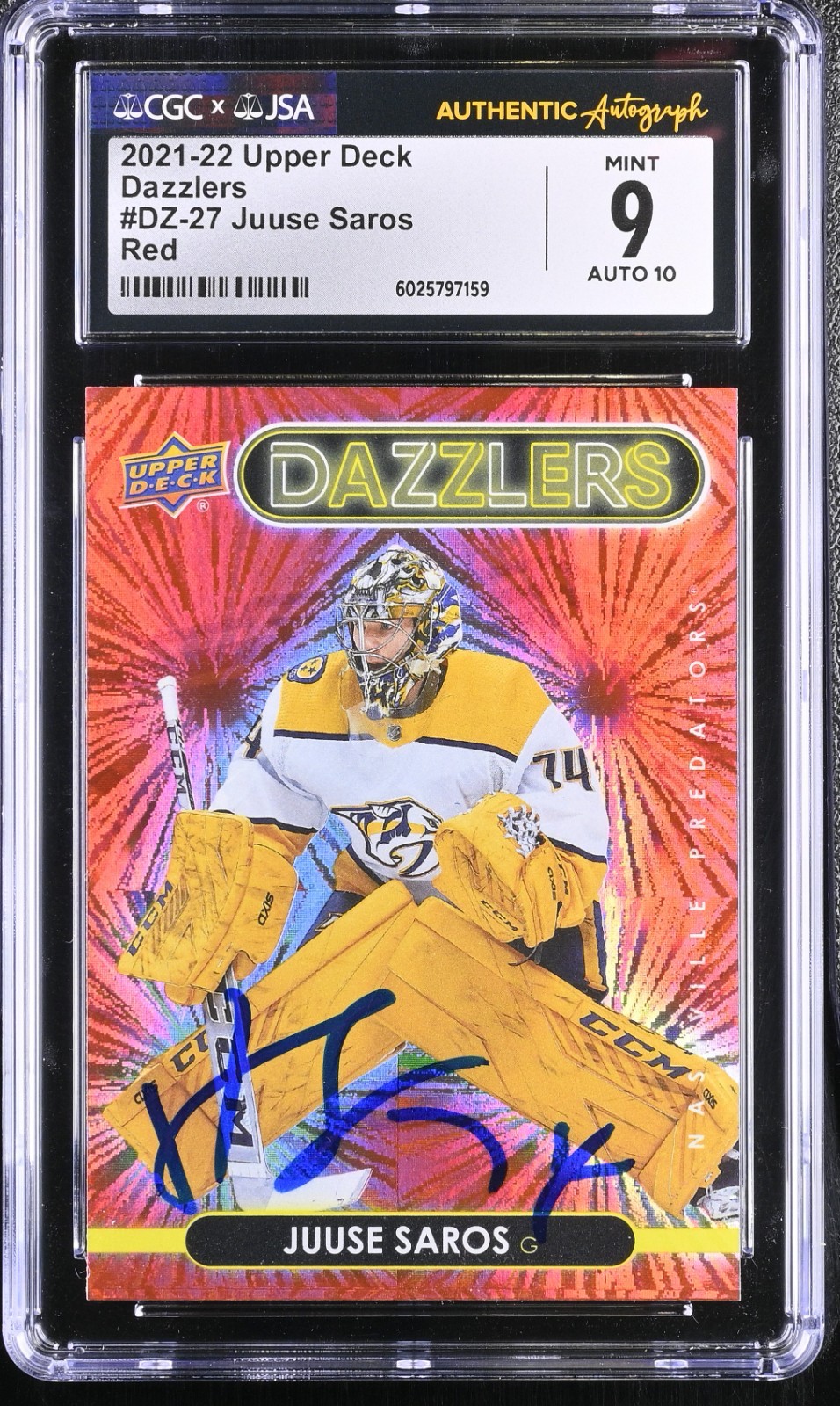 JUUSE SAROS SIGNED 2021-22 UPPER DECK RED DAZZLERS CARD #DZ-27 CGC 9 JSA 10 AUTO