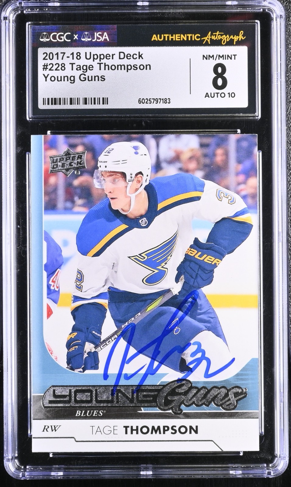 TAGE THOMPSON SIGNED 2017-18 UPPER DECK YOUNG GUNS CARD #228 CGC 8 JSA 10 AUTO